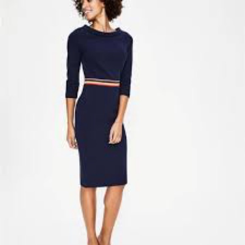 BODEN 🌼 Daisy Ottoman Rainbow Stripe Navy Blue Knit Sheath Dress Womens Sz 18L - Picture 3 of 12